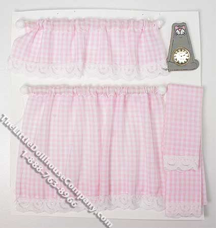 (image for) Miniature Pink Gingham Kitchen Curtain Set for Dollhouses