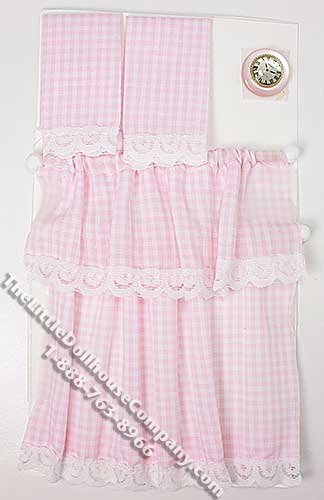 Melody Jane Dollhouse Kitchen Curtains - Red Gingham Valance On Rail 1:12 Scale