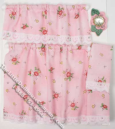 (image for) Miniature Pink Flower Kitchen Curtain Set for Dollhouses